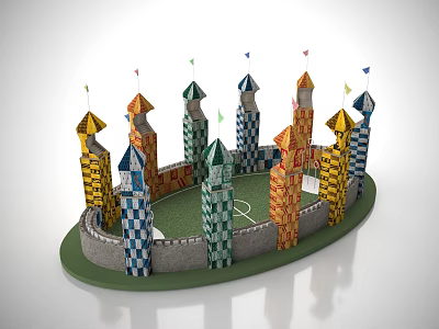 Colorful Castle Style Sports Stadium With Green Football Field And Flagged Towers 3d model