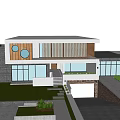 Modern Detached Villa Exterior with Wooden Cladding Circular Windows Large Glass Lawn and Path