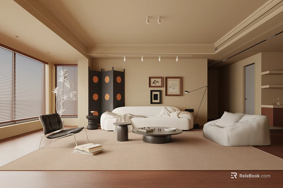 Warm Modern Living Room Interior With White Sofas Black Divider Large Windows And Artworks 3d model 