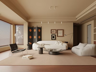 Warm Modern Living Room Interior With White Sofas Black Divider Large Windows And Artworks 3d model