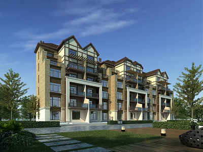 Multi Story Residential Building With Balconies Surrounded By Greenery Lawn And Trees 3d model