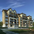 Multi Story Residential Building With Balconies Surrounded By Greenery Lawn And Trees