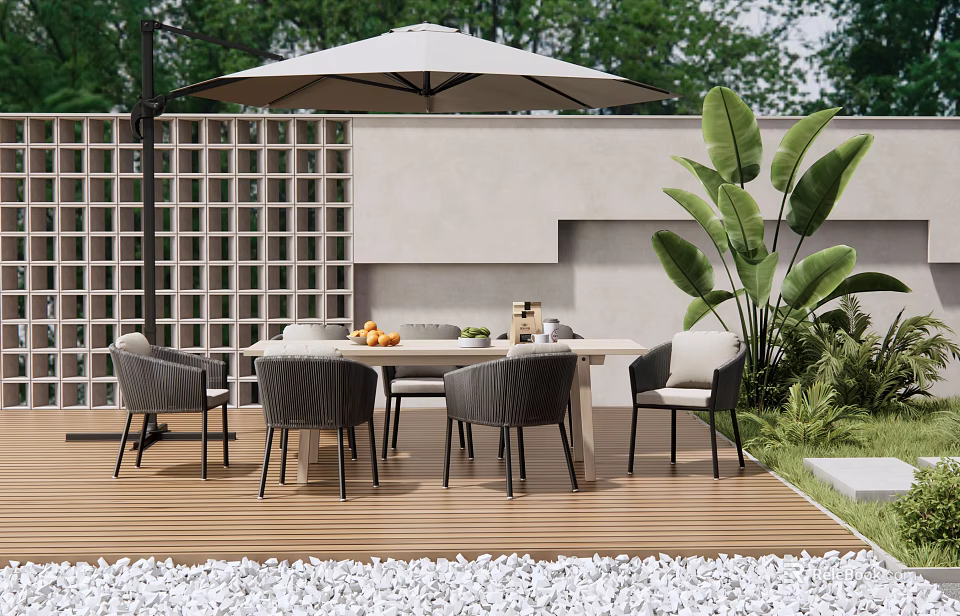 Modern Outdoor Table With Chairs And Beige Umbrella On Wooden Deck Surrounded By Green Plants 3d model 