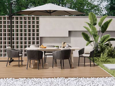 Modern Outdoor Table With Chairs And Beige Umbrella On Wooden Deck Surrounded By Green Plants 3d model