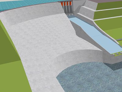 Concrete Dam Structure With Water Release Channel And Green Surroundings 3d model