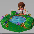 Natural Scene With Green Grass Small Pond Colorful Flowers Butterflies Flying Little Girl Holding Net