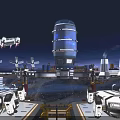 Futuristic Sci Fi Cityscape With Illuminated Tower And Flying Spaceship At Night