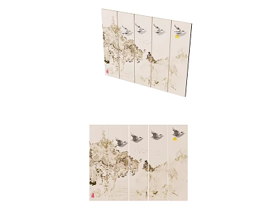 Traditional Chinese Screen With Landscape Art And Flying Birds For Interior Decoration 3d model