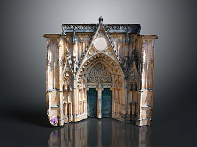 Historic Gothic Architecture Stone Entrance With Green Doors Pointed Arch And Carved Details 3d model