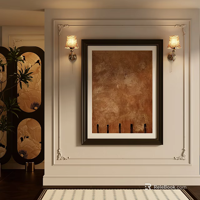 Decorative Abstract Painting in Black Frame with Wall Sconces on White Interior Wall 3d model 