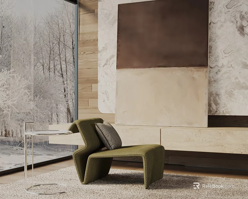 Green Knit Lounge Chair With Abstract Painting Clear Side Table And Snowy Window View 3d model 