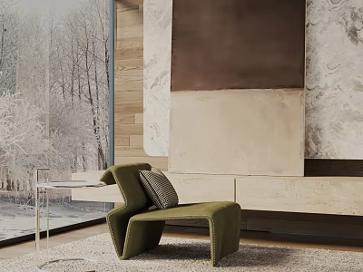 Green Knit Lounge Chair With Abstract Painting Clear Side Table And Snowy Window View 3d model
