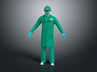 Doctor Standing In Green Surgical Gown Cap With Blue Gloves And Stethoscope On Gray Background 3d model