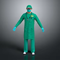 Doctor Standing In Green Surgical Gown Cap With Blue Gloves And Stethoscope On Gray Background