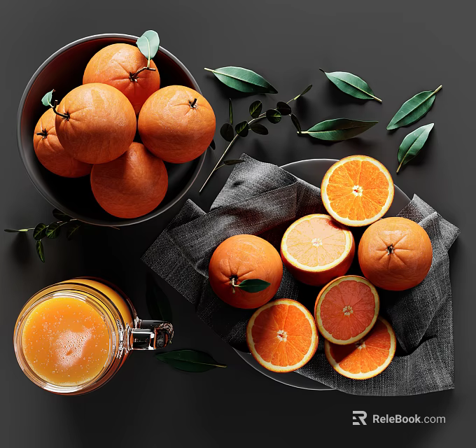 Whole And Sliced Oranges In Bowl With Fresh Orange Juice Green Leaves And Gray Cloth 3d model 