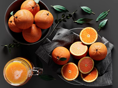 Whole And Sliced Oranges In Bowl With Fresh Orange Juice Green Leaves And Gray Cloth 3d model