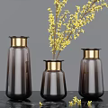 Three Blue Vases With Gold Rim And Yellow Floral Stems For Modern Tabletop Home Decor
