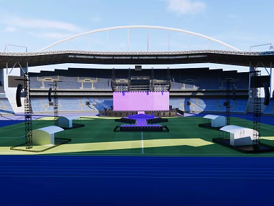 Football Stadium Featuring Arched Roof Stand Seats Purple Central Stage Green Pitch And Blue Track 3d model