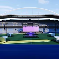 Football Stadium Featuring Arched Roof Stand Seats Purple Central Stage Green Pitch And Blue Track