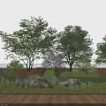 Lush Shrubs in Outdoor Garden with Green Lawn Rocks Trees and Wooden Deck Railing
