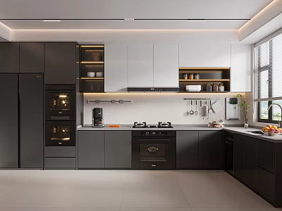 Modern Kitchen Interior With Black White Cabinets Island Counter And Appliances 3d model