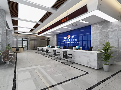 Spacious Modern Government Service Hall Interior With Marble Counter Computers Chairs And Plants 3d model