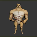 Muscular Shiba Inu Character With Well Defined Abs Holding Wooden Stick In 3D Render Style