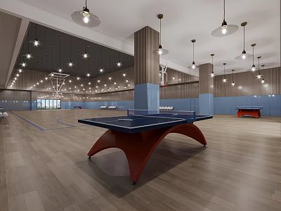Basketball Court Interior With Wooden Flooring Hanging Lights Blue Walls And Red Seats 3d model