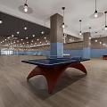 Basketball Court Interior With Wooden Flooring Hanging Lights Blue Walls And Red Seats