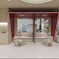 Modern Reception Area With Red Frame Display Windows Beige Sofas And Black Tables 3d model