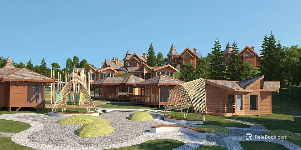 Garden Landscape Design With Wooden Cottages Trees Curved Playground Structures And Gravel Paths 3d model 
