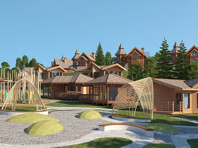 Garden Landscape Design With Wooden Cottages Trees Curved Playground Structures And Gravel Paths 3d model