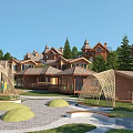 Garden Landscape Design With Wooden Cottages Trees Curved Playground Structures And Gravel Paths