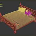 Wooden Bed with Carved Headboard Footboard Pink Mattress Floral Pattern and White Checkered Pillows