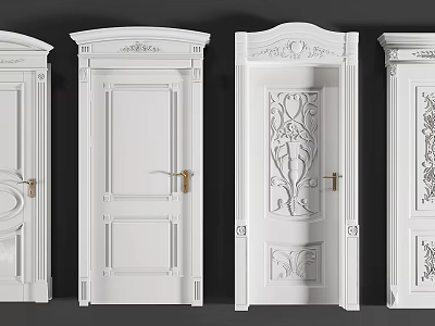 White Hinged Doors With Various Carvings And Golden Handles Design 3d model