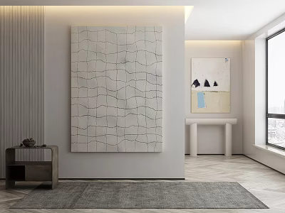 Modern Interior With Large Abstract Painting Small Artwork Gray Rug Side Table Wall Decor 3d model