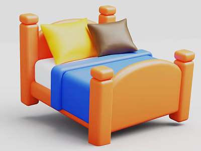 Kids Bed with Orange Frame Cylindrical Posts Curved Headboard Footboard Yellow Brown Pillows Blue Blanket 3d model