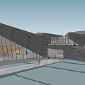 Modern Museum Building With Geometric Facade And Glass Curtain Wall Surrounded By Grassland And People