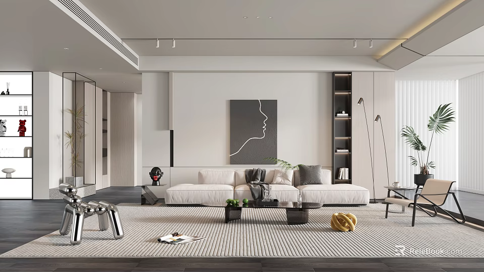Modern Living Room Interior With Beige Sofa Black And White Striped Rug And Abstract Painting 3d model 