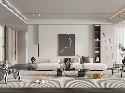 Modern Living Room Interior With Beige Sofa Black And White Striped Rug And Abstract Painting 3d model