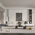 Modern Living Room Interior With Beige Sofa Black And White Striped Rug And Abstract Painting