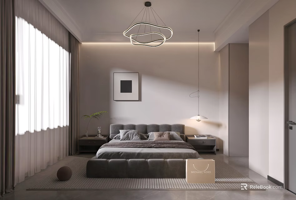 Modern Bedroom Interior With Gray Bed Nightstands Table Lamps Wall Art And Pendant Light 3d model 