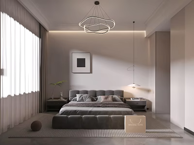 Modern Bedroom Interior With Gray Bed Nightstands Table Lamps Wall Art And Pendant Light 3d model
