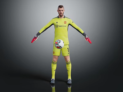 Man in yellow goalkeeper jersey holding soccer ball on gray background 3d model