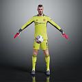 Man in yellow goalkeeper jersey holding soccer ball on gray background