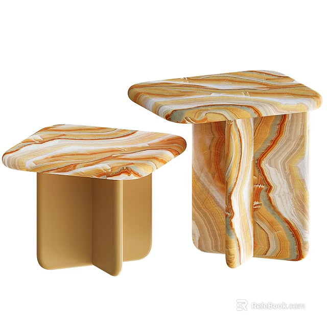 Modern Stylish Side Table With Marbled Surface And Gold Geometric Base Design 3d model 