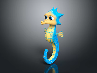 Playful Cartoon Seahorse Character 3D Model With Blue Yellow Body Big Eyes And Curved Tail 3d model