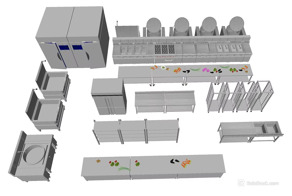 Various Commercial Kitchen Appliances And Equipment Components Including Refrigerator Cooktop And Cabinets 3d model 