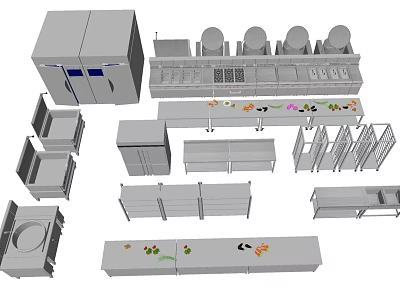 Various Commercial Kitchen Appliances And Equipment Components Including Refrigerator Cooktop And Cabinets 3d model