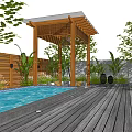 Courtyard Garden With Wooden Pergola Wooden Deck Water Feature Green Plants And Sunset Sky
